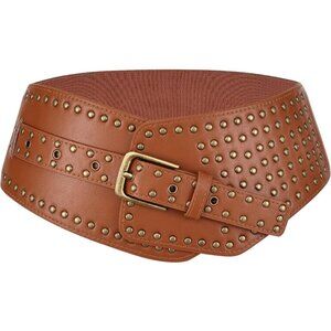 Women's Elastic Wide Belt Vintage Studded Stretchy Waist Belts Dress Pants Brown